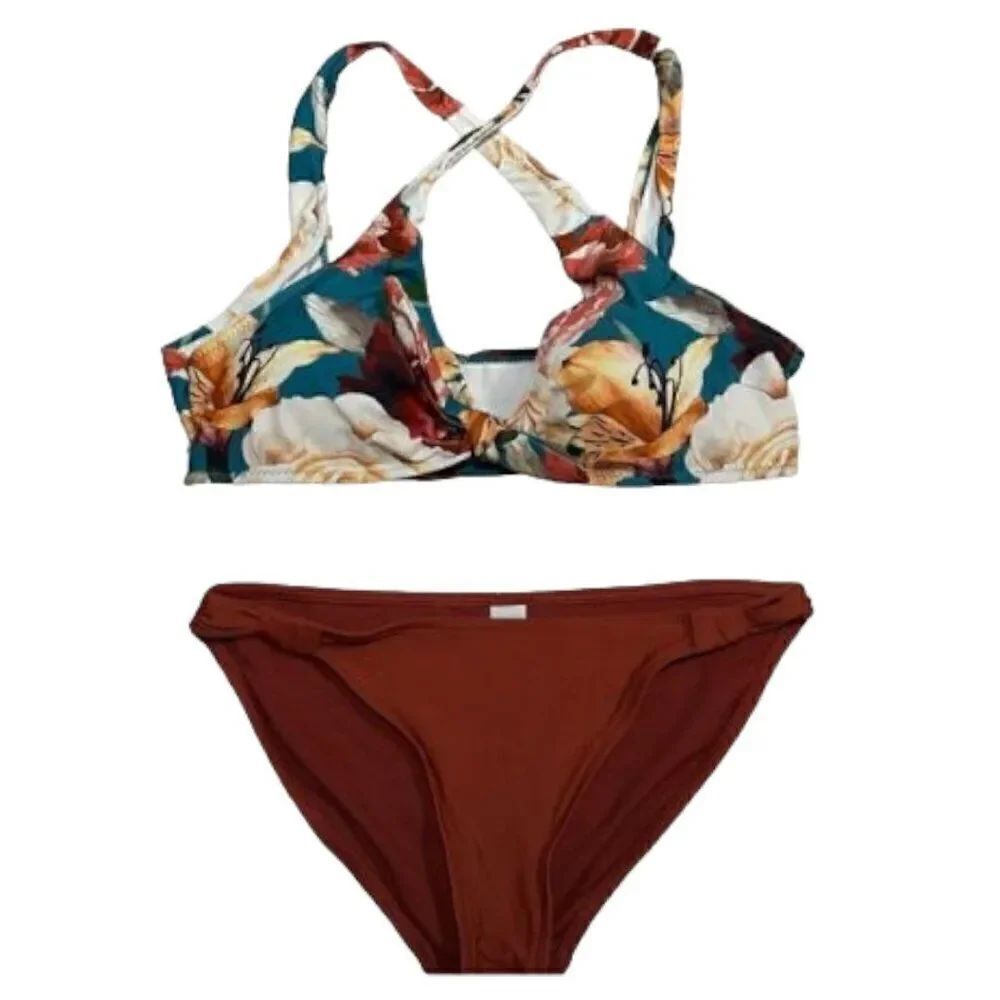 Rust Color & Floral Longline Bikini Size Medium